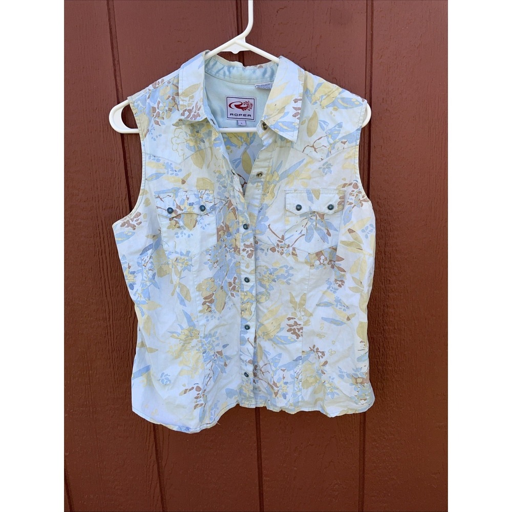 Roper Womens Vintage Blue Floral  Cotton Blend S/L Shirt Large